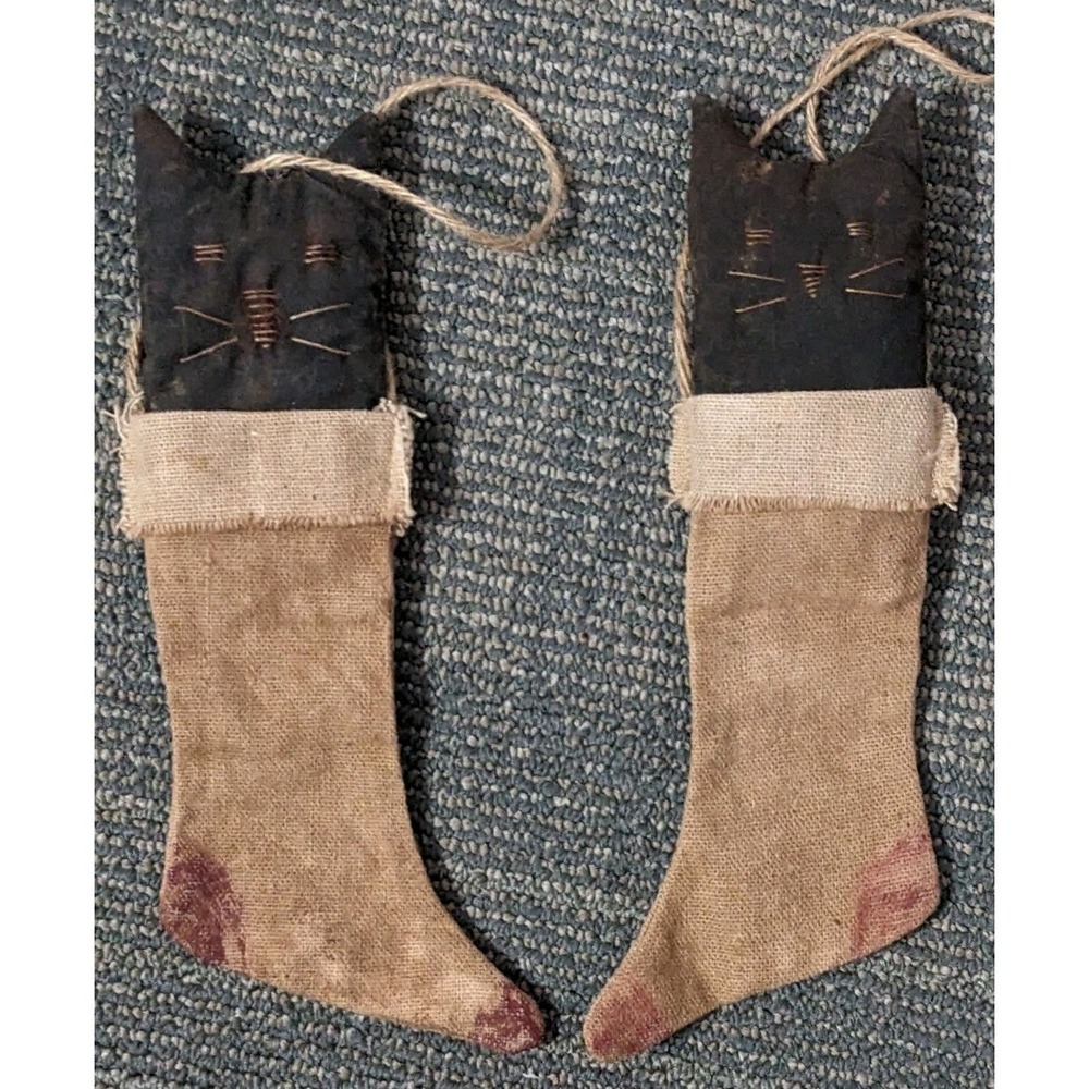 Pair Of Primitive Style Black Cat Christmas Stockings American Country Handmade - Picture 4 of 4